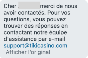 capture d'&eacute;cran support client tiki casino