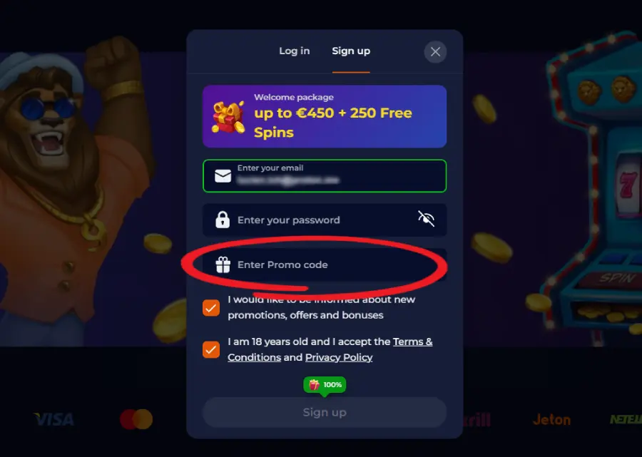 capture d'écran saisie du code promo sur Nine Casino