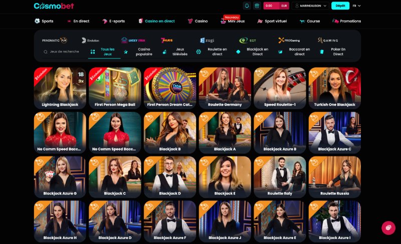 capture d'&eacute;cran cosmobet casino jeux live