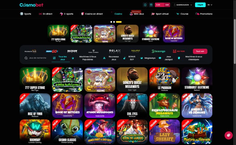 capture d'écran cosmobet casino machines a sous