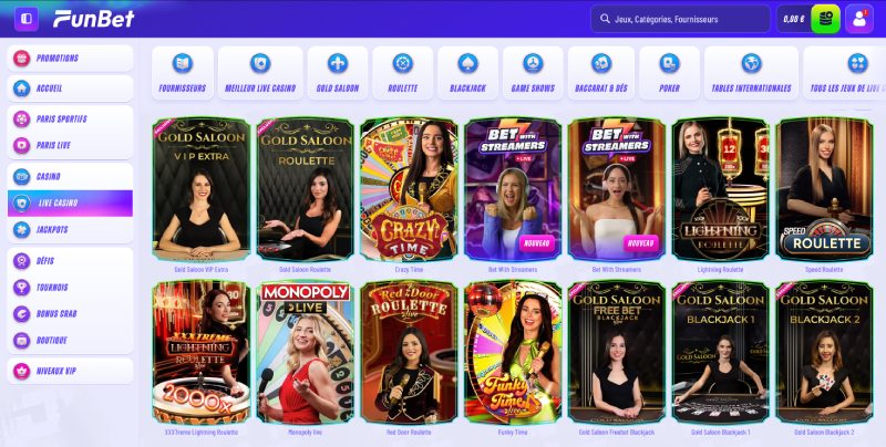 capture d'&eacute;cran funbet casino jeux live