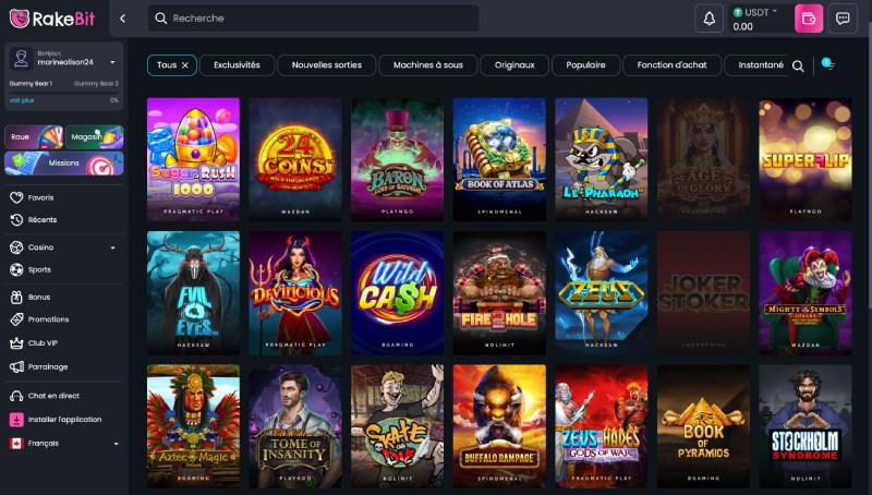 capture d'écran rakebit casino jeux de casino