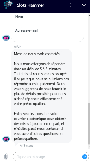 capture d'écran slots hammer casino support client