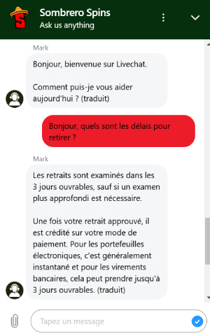 capture d'écran sombrero spins casino email support client
