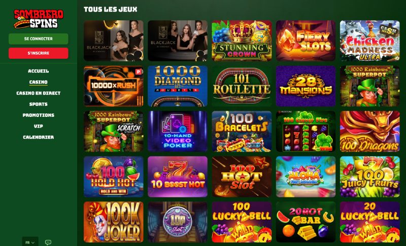 capture d'écran sombrero spins casino jeux de casino