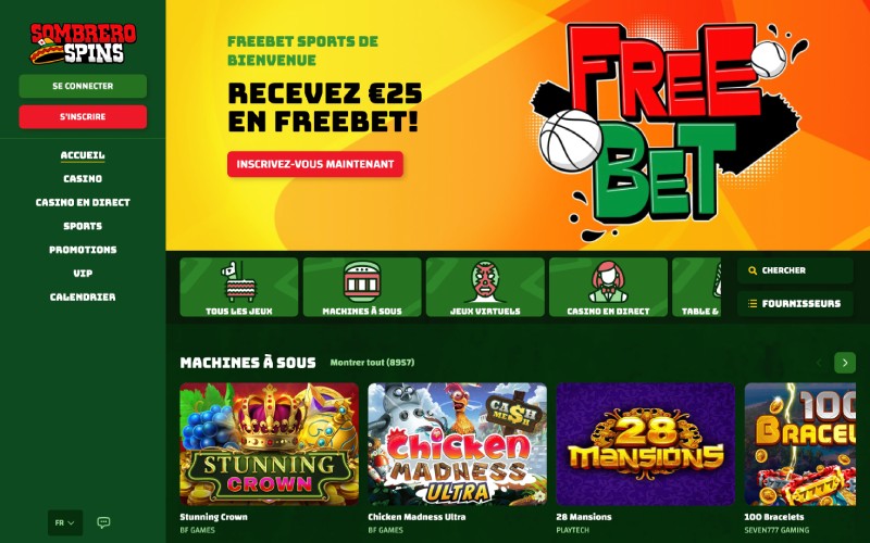 capture d'&eacute;cran sombrero spins casino page d'accueil