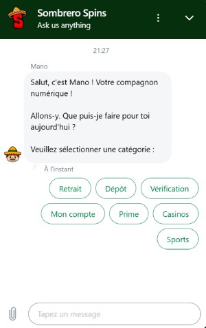 capture d'écran sombrero spins casino support client