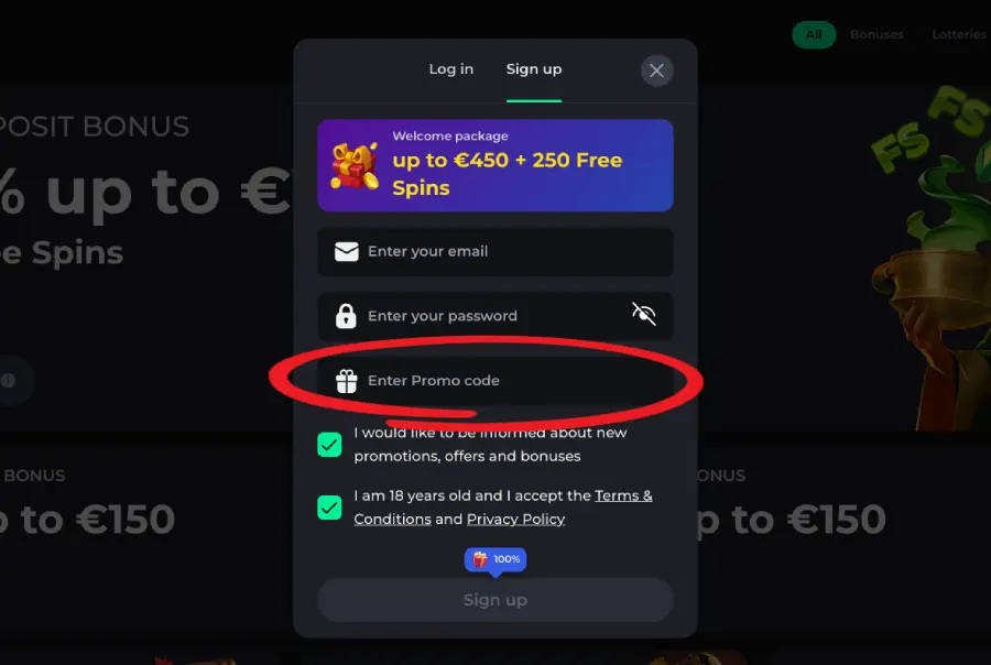 Capture d'écran montrant le champ pour saisir un code promo lors de l'inscription Betonred