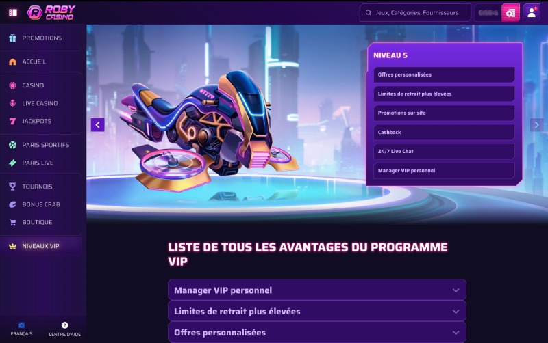 capture d'écran roby casino programme vip
