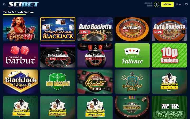 capture d'&eacute;cran scibet casino jeux de table