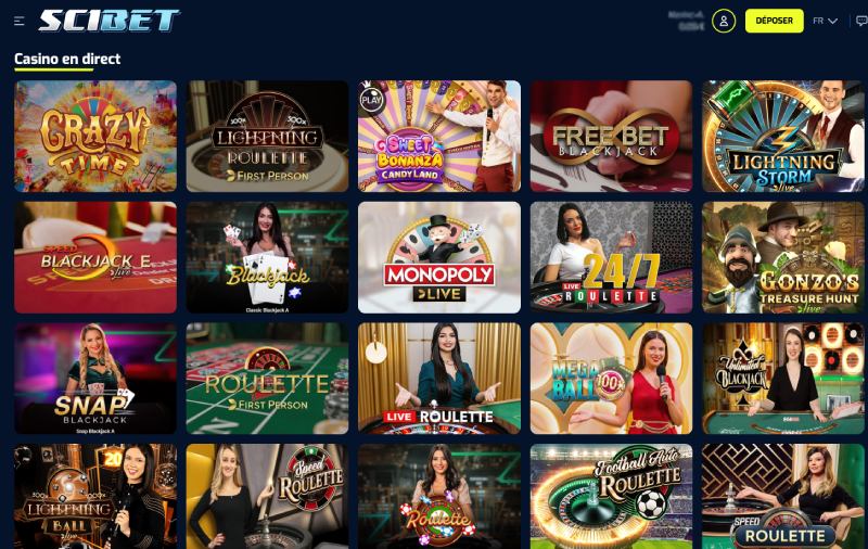 capture d'&eacute;cran scibet casino jeux live