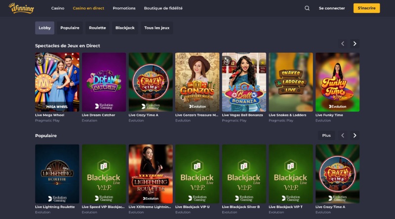 capture d'écran winning casino jeux live