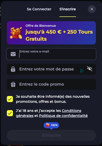 capture d’écran inscription code promo bdmbet