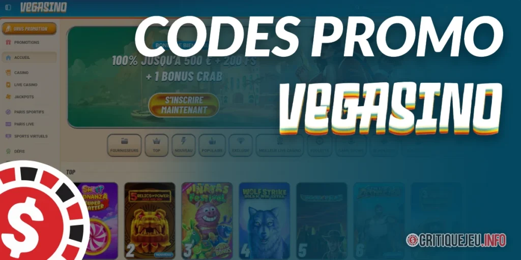Bannière promotionnelle présentant les différents codes promo Vegasino