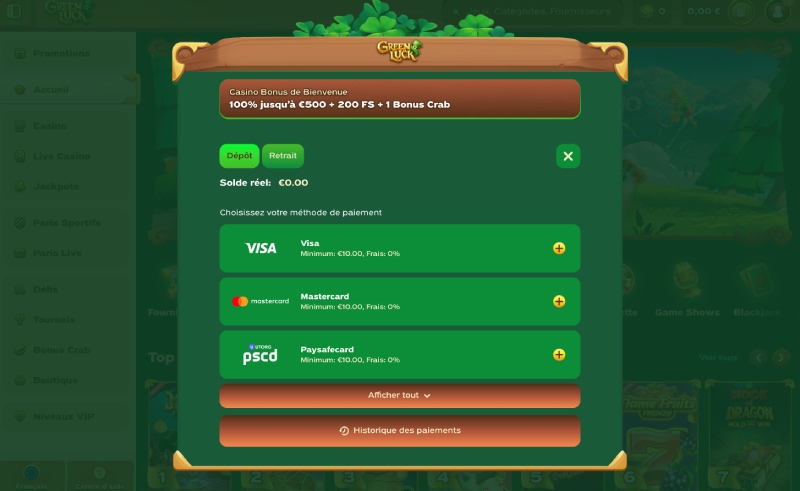 capture d'écran greenluck casino dépôt