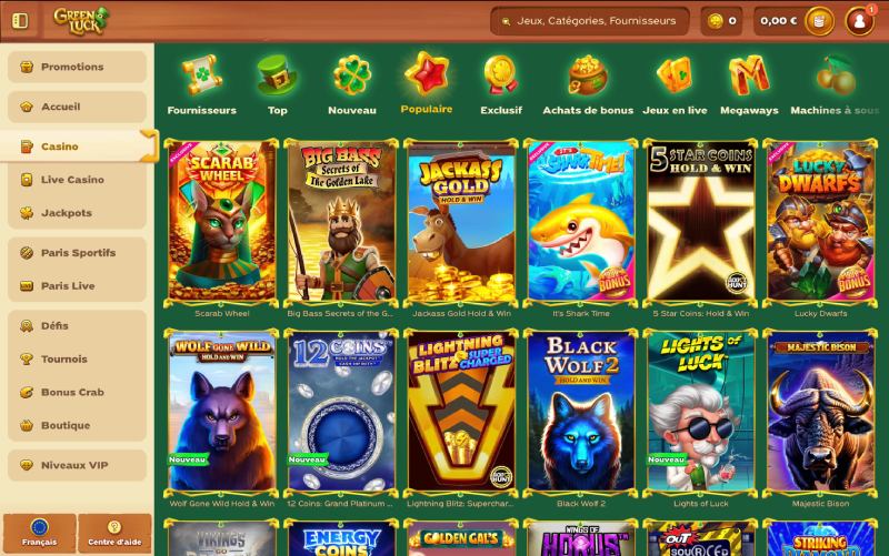 capture d'écran greenluck casino jeux de casino