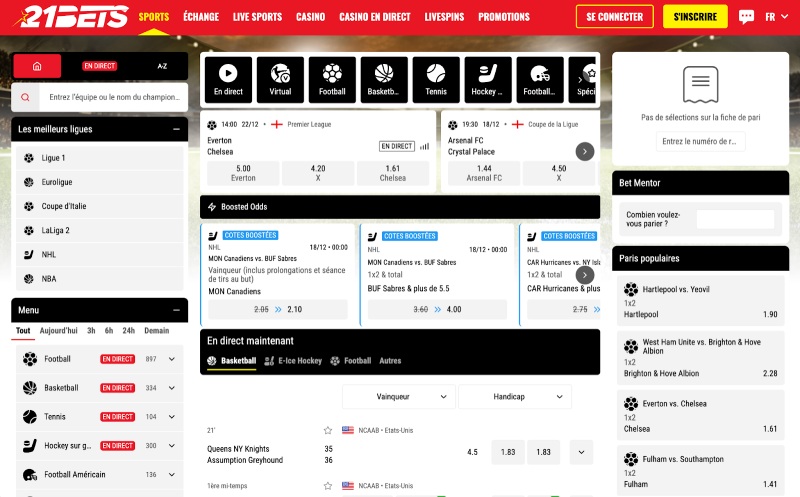 capture d'&eacute;cran site paris sportif 21bets