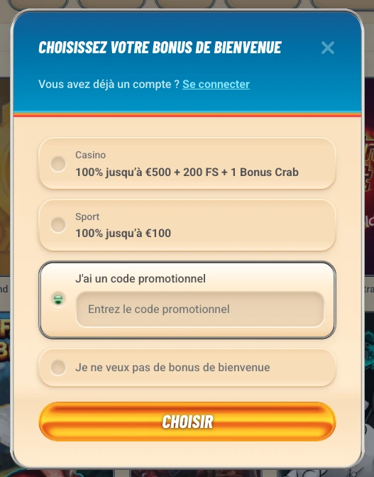 Inscription avec code promo Vegasino