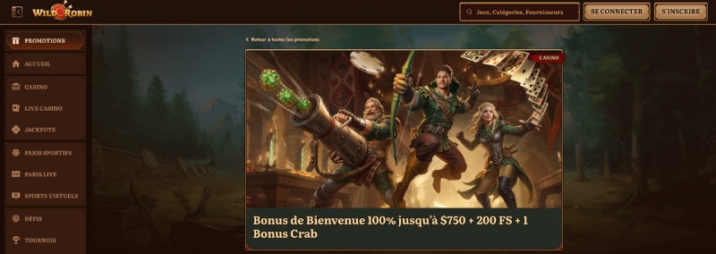 Capture d'&eacute;cran Wild Robin casino bonus de bienvenue