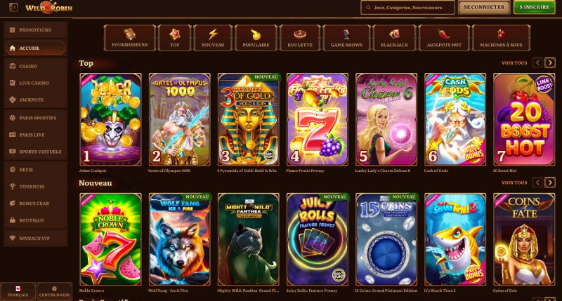 capture d'&eacute;cran Wild Robin casino Jeux disponibles