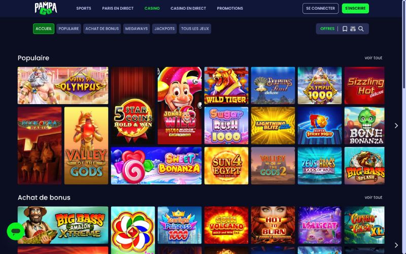 Interface du casino en ligne montrant une sélection de jeux de machines à sous