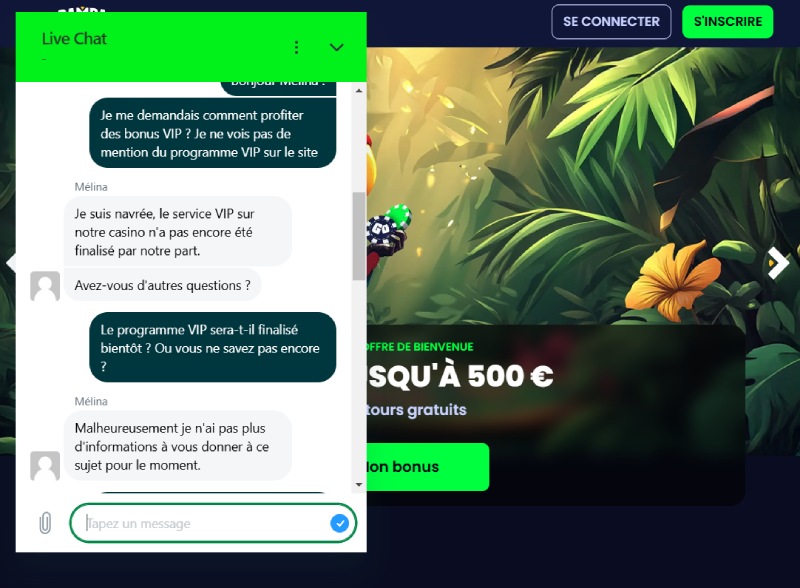 capture d'écran pampago casino support client