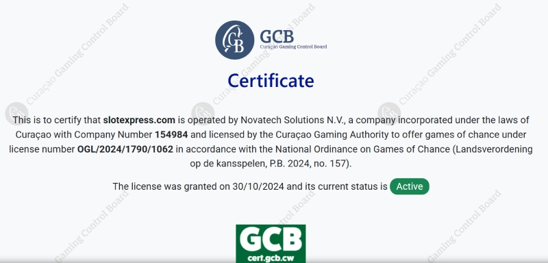 capture d'écran slotexpress casino certificate