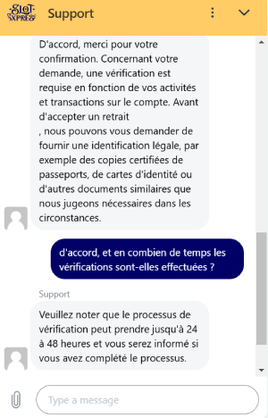 capture d'écran slotexpress casino support client 2