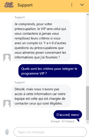 capture d'écran slotexpress casino support client