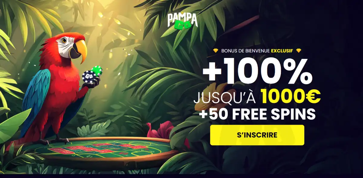 Interface du bonus de bienvenue Pampago Casino affichant des tours gratuits et un bonus de dépôt