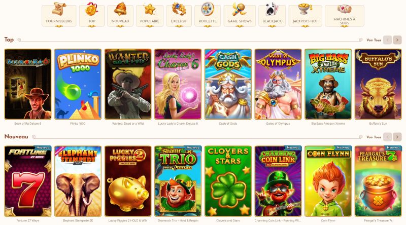 Capture d'écran BetHall casino Jeux disponibles