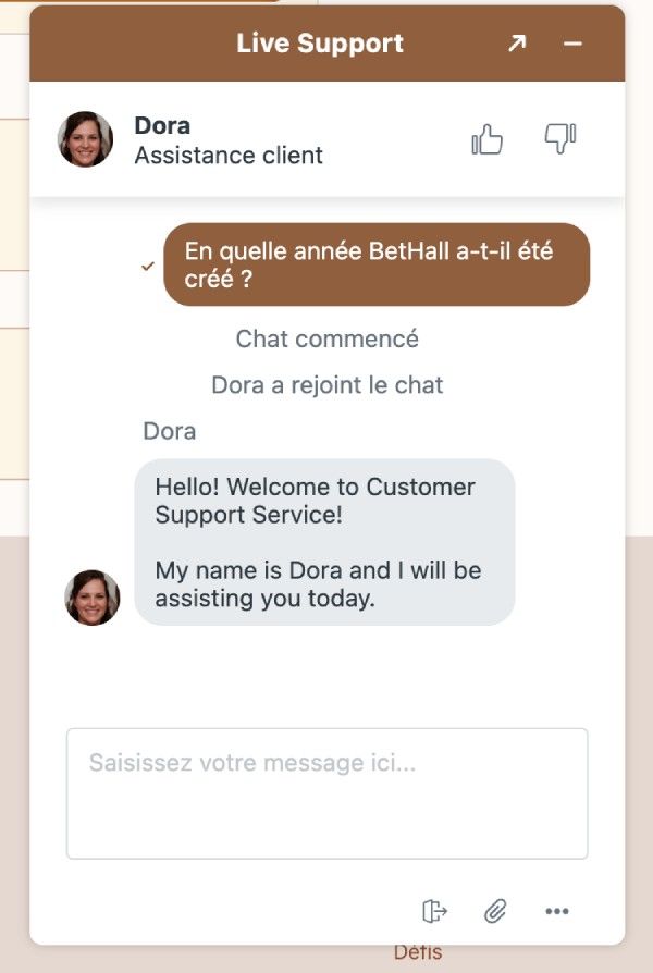 Capture écran BetHall Chat avec le support