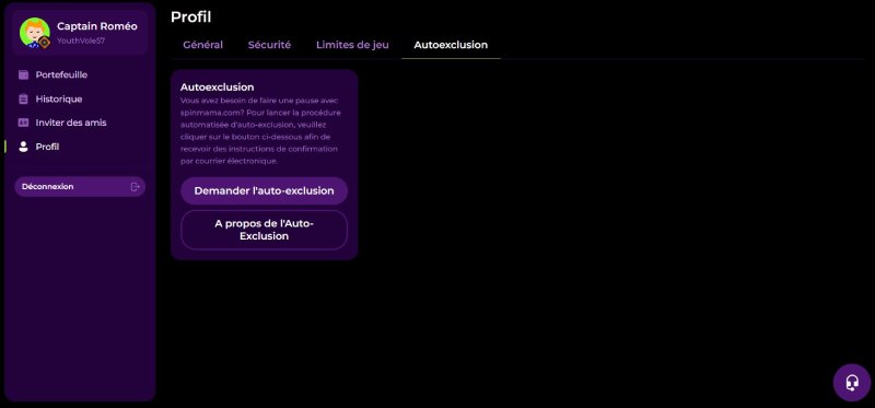 Autoexclusion sur Spinmama Casino