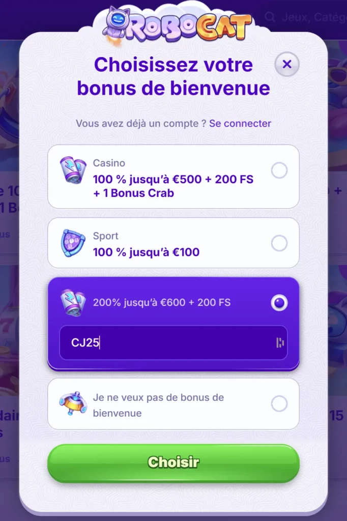 bonus bienvenue exclusif cj robocat