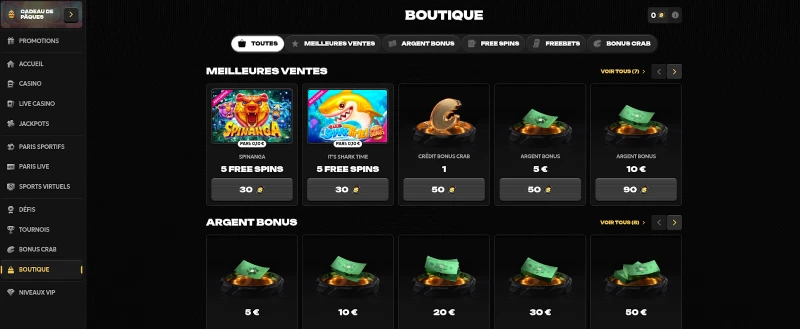 Capture d'écran de la boutique en ligne Spinsy