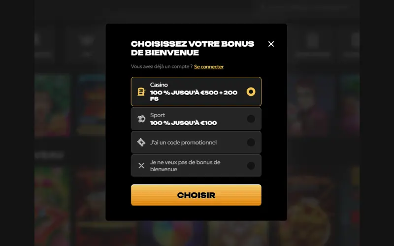 Capture d'écran de l'inscription sur Spinsy Casino