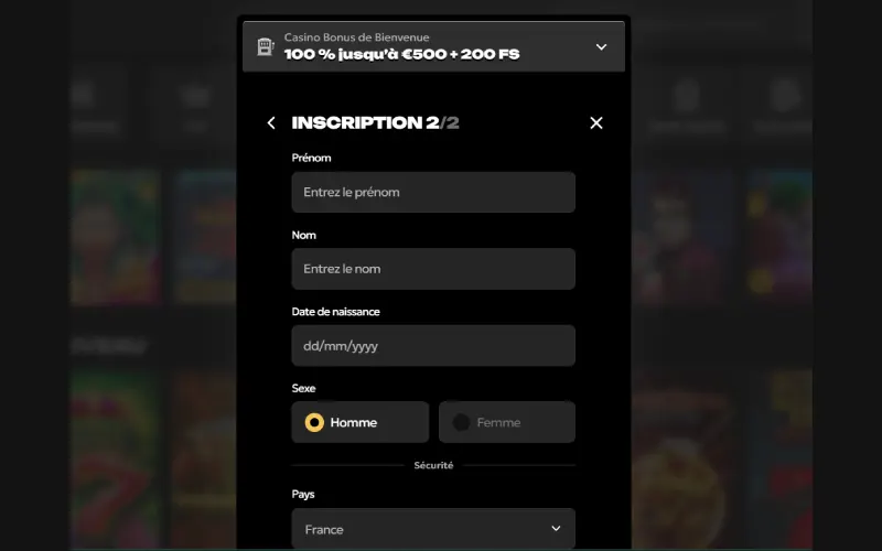 Capture d'écran du processus d'inscription sur Spinsy Casino