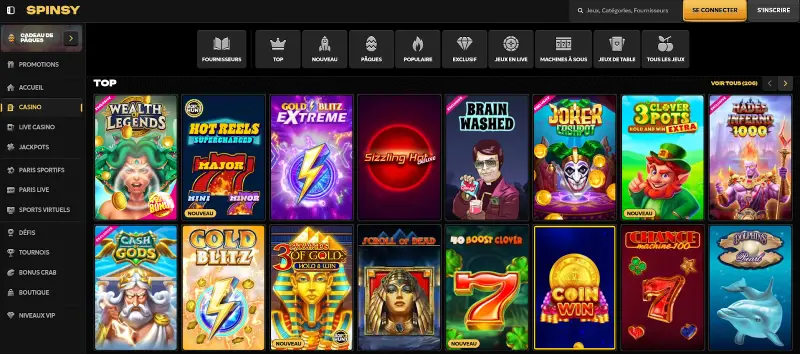 Capture d'écran des jeux de casino sur Spinsy