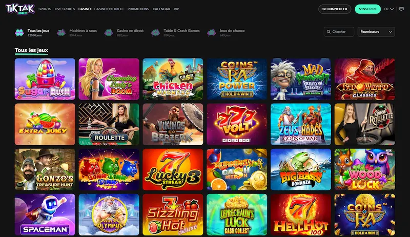 Capture d'&eacute;cran des jeux de casino sur tiktak bet