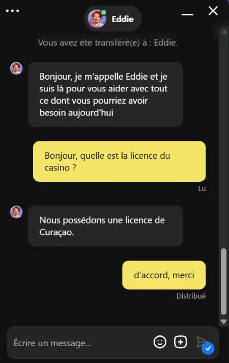 Echange avec le service client sur la licence du casino Felixspin