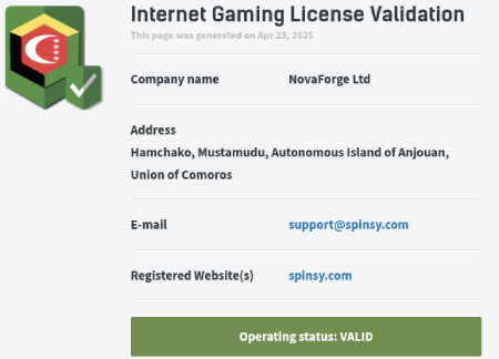 Capture d'écran de la licence de Spinsy Casino