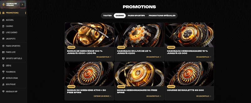 Capture d'écran des promotions sur Spinsy