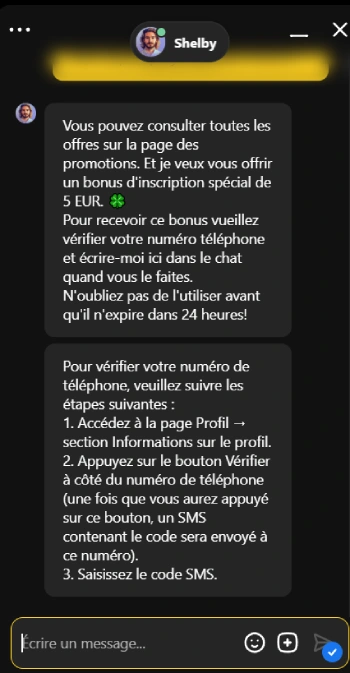 Capture d'écran d'un échange avec le service client sur Nyxbets