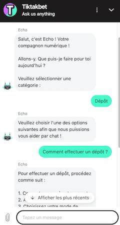 Capture d'&eacute;cran d'une discussion avec le service client&egrave;le de Tiktak Bet