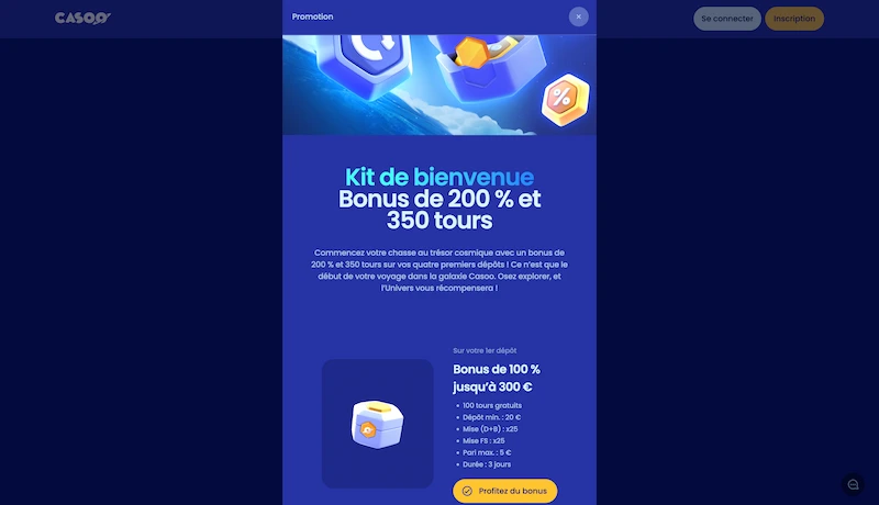 Capture d'&eacute;cran du bonus de bienvenue de Casoo casino