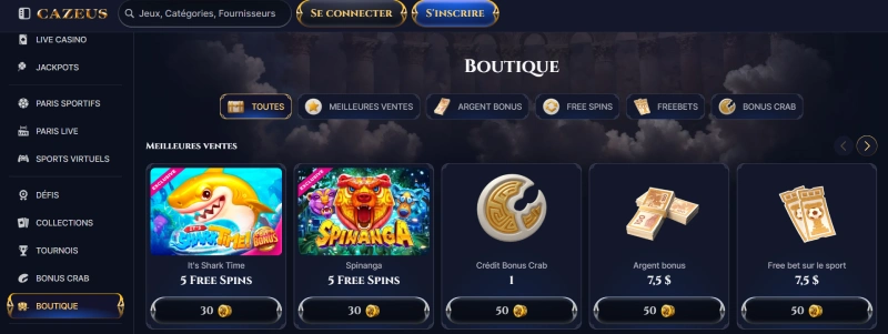 Capture d'écran de la boutique sur Cazeus
