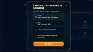 Capture d'&eacute;cran du choix du bonus de bienvenue sur Monsterwin