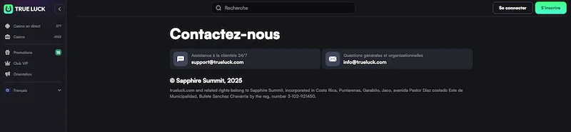Capture d'écran de la page contact de TrueLuck Casino