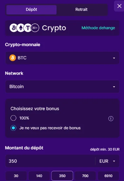 Capture d'écran de la page des dépôts sur SlotRush
