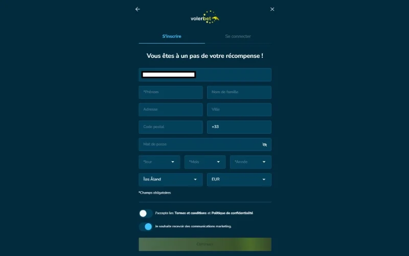 Capture d'&eacute;cran du formulaire d'inscription sur VolerBet
